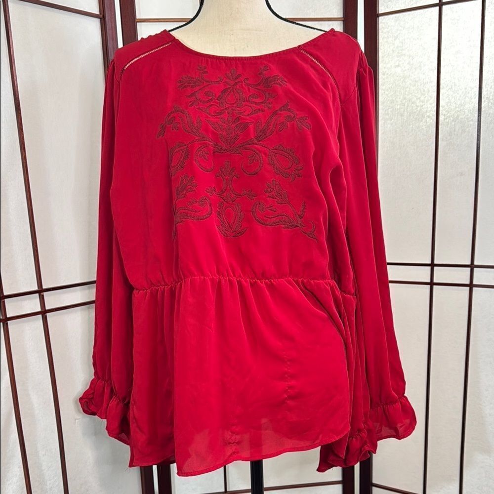 Red Ruffled Blouse with Relaxed Fit and Billowy Sleeves
